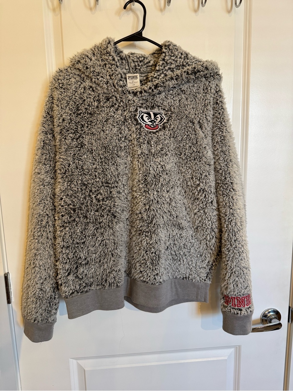 PINK Victoria's Secret Gray Sherpa Pullover with Embroidered Badger Mascot